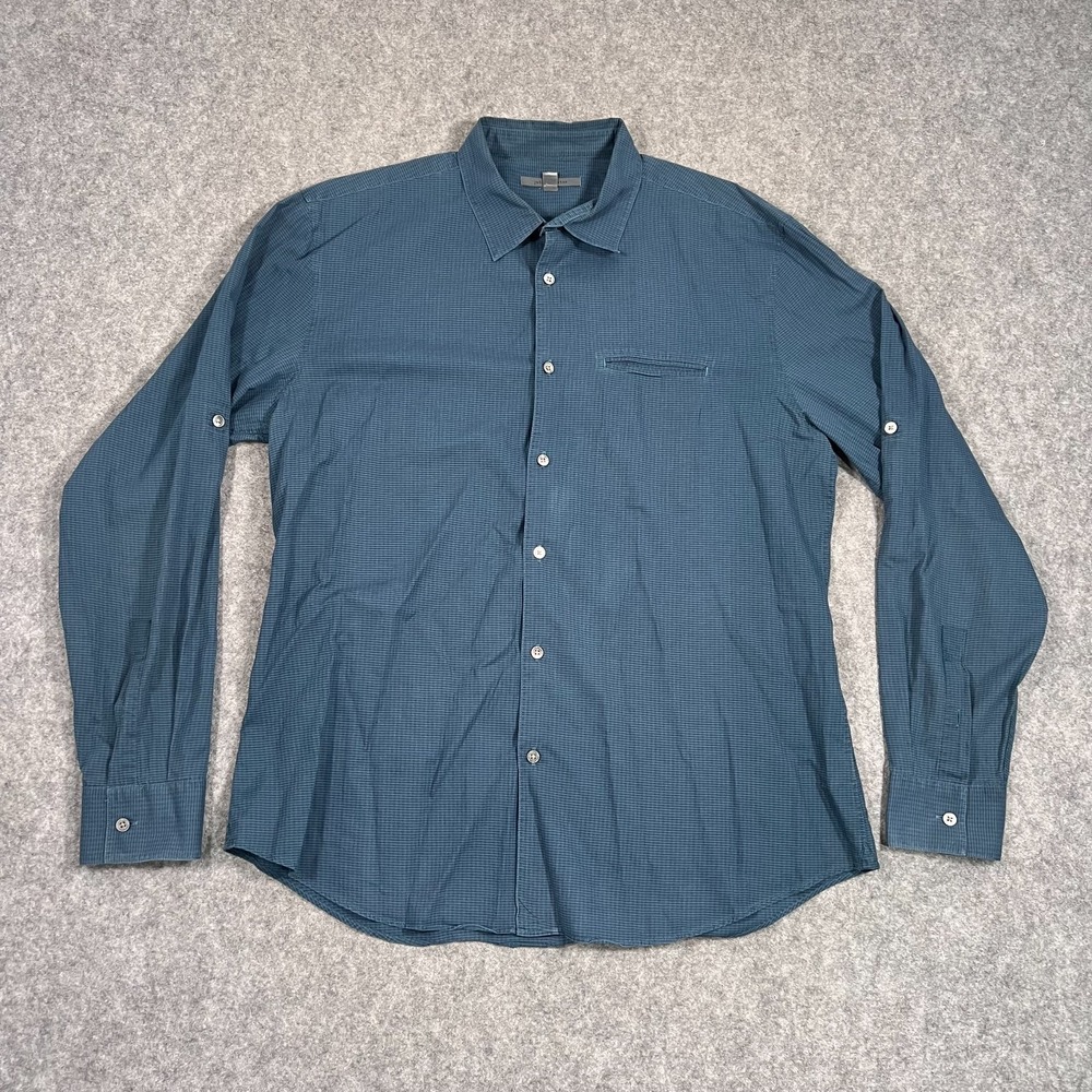 John Varvatos Blue Plaid Cotton Long Sleeve Button‎ Down Shirt Men's Size Large